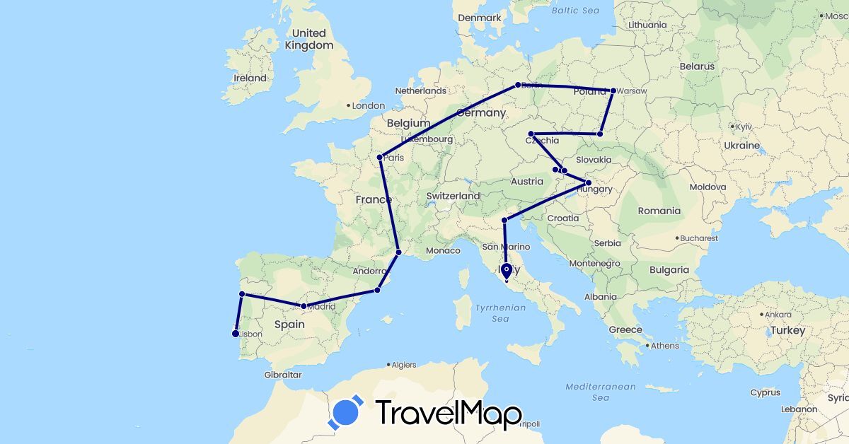TravelMap itinerary: driving in Austria, Czech Republic, Germany, Spain, France, Hungary, Italy, Poland, Portugal, Slovakia (Europe)